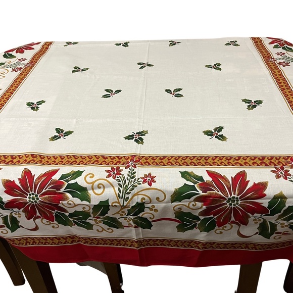 Vintage Christmas rectangular poinsettia tablecloth unused 70” x 52” - Picture 2 of 4